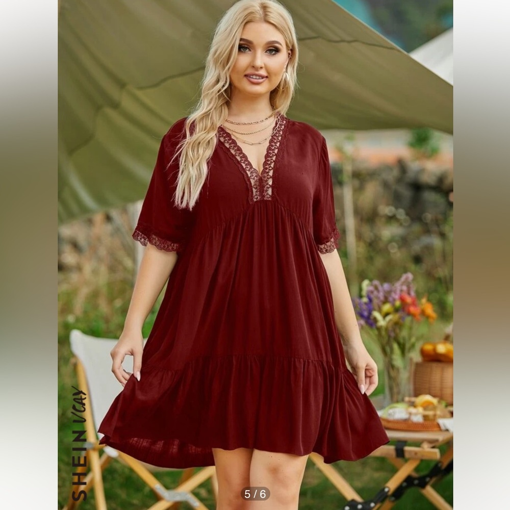 SHEIN VCAY Plus Lace Panel Ruffle Hem Smock Dress